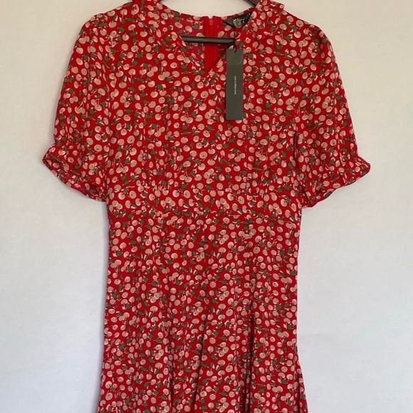 NWT Allegra K. Cherry Short Sleeve V-neck Ruffle Red Mini Dress; Size Small - Picture 2 of 7